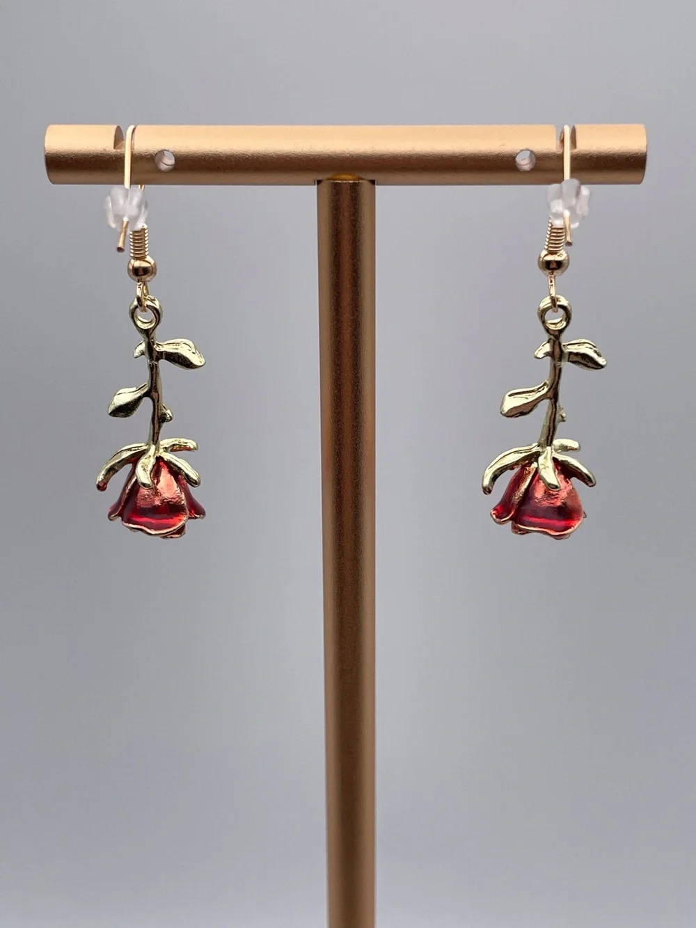 Gold Red Rose Drop Earrings
